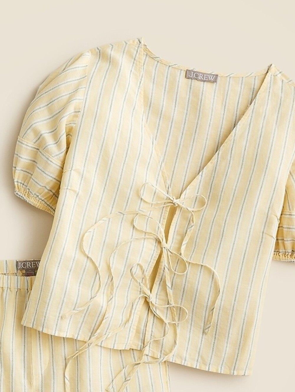 J. Crew Linen Cotton Tie Front Puff Sleeve Top Butter Yellow Stripe Medium